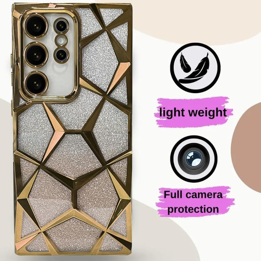 Image of VONZEE Gradient Glitter Case for Samsung S25 Ultra, Luxury Electroplated 3D Cube, Diamond Bling Shiny Soft TPU Clear Shockproof Women Girls Protective Phone Cover (Gold)
