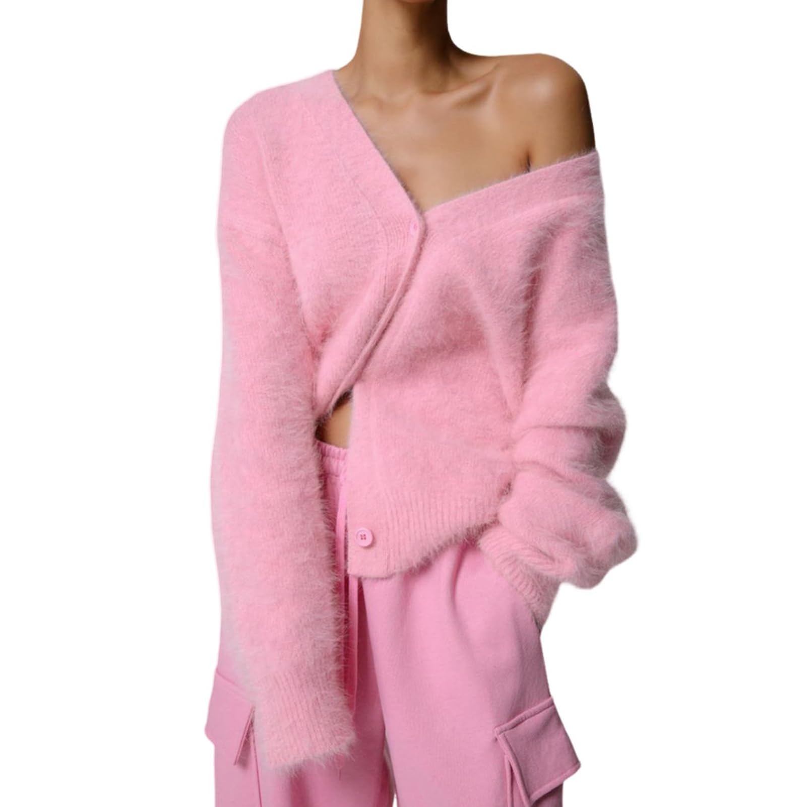 Cárdigan de Mohair Suave para Mujer Abierto por Delante Cuello en V con Botones Manga Larga Suéter Suelto con Hombros Caídos