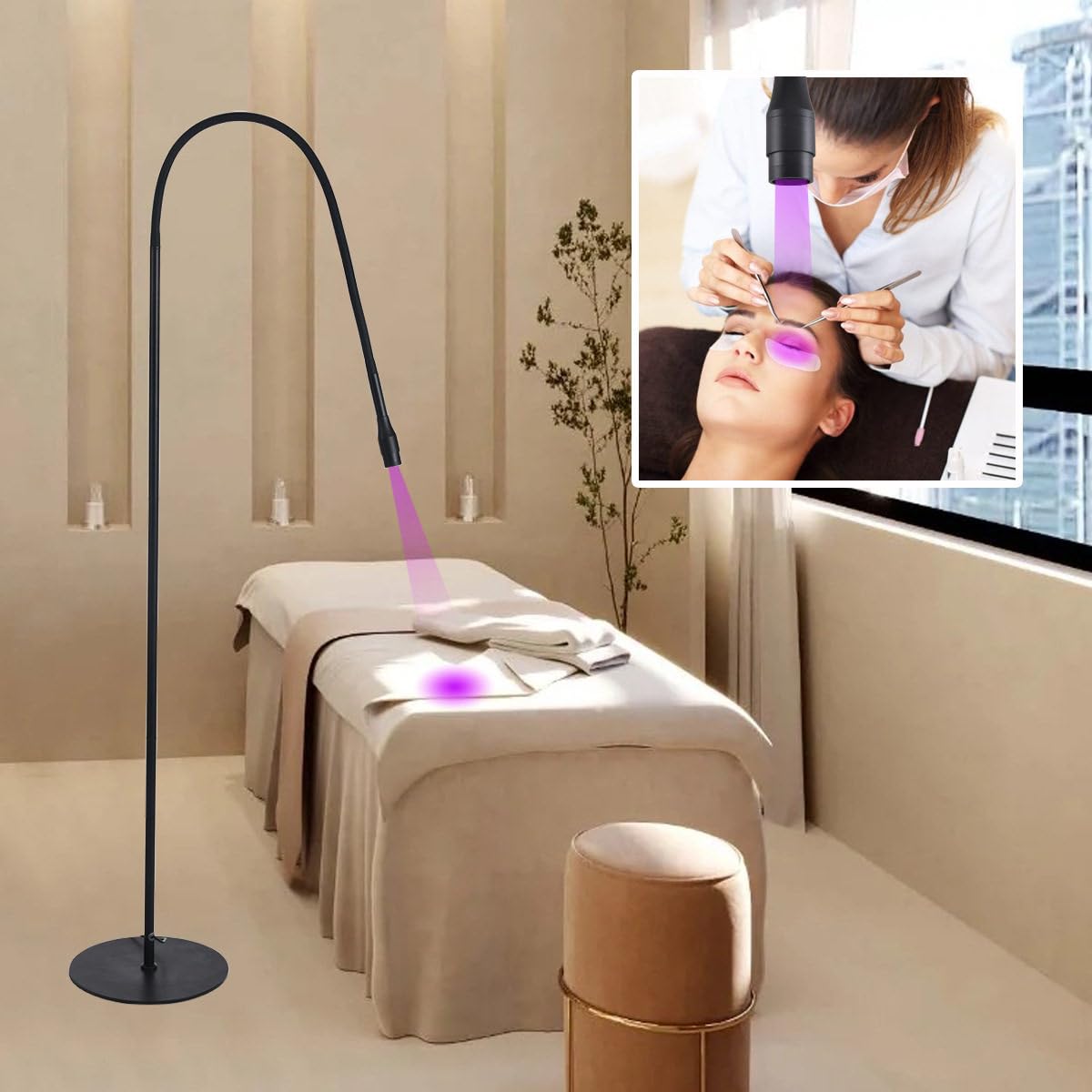 UV LED Light Eyelash Extension System LED Eyelash Lamp, 5W UV Lash Nail Tech Glue Lamp with Foot Pedal Control, Height 110cm, 395-400nm, Glue Cured in 1-3 Seconds, UV Glue Curing Lamp,Black