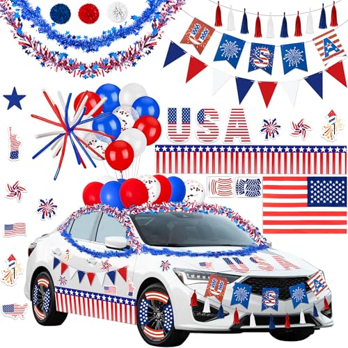 57PCS 4th of July Parade Car Decoration Kit: Flag Tinsel Garlands Banners Etc - Red White Blue Decor for Patriotic Independence Day Party Favors