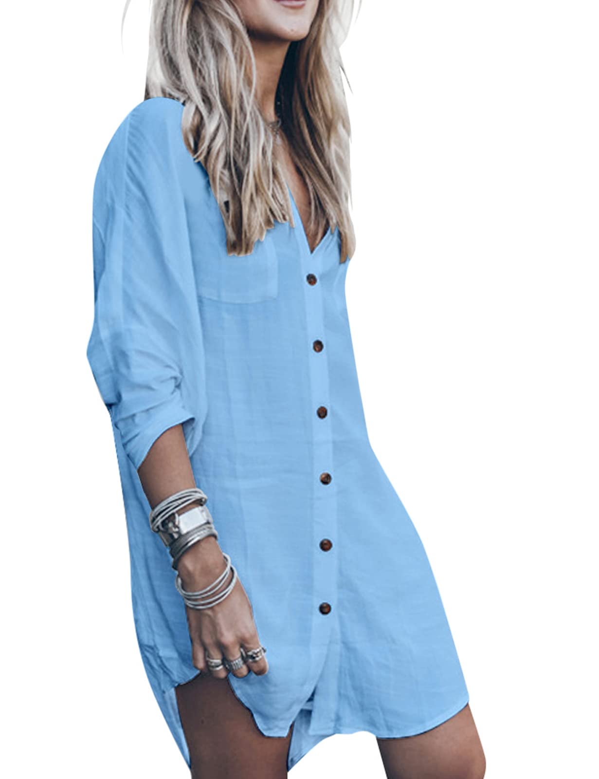 Tuopuda Camisas Mujer Largos Traje de Playa para Mujer Vestidos Blusa de Cuello en V Manga Larga Verano Casual Blusa Tops Tallas Grandes para Piscina/Playa/Vacaciones(Armada)