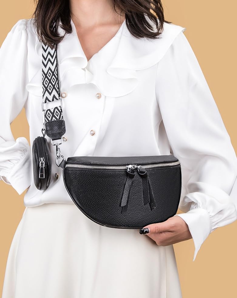 Genuine Leather Fanny Pack Crossbody Bags - Fashion Sling Purse Chest Belt Bum Bag CrossBody Purse for Women Travel Camping(B - Black) - Image 8