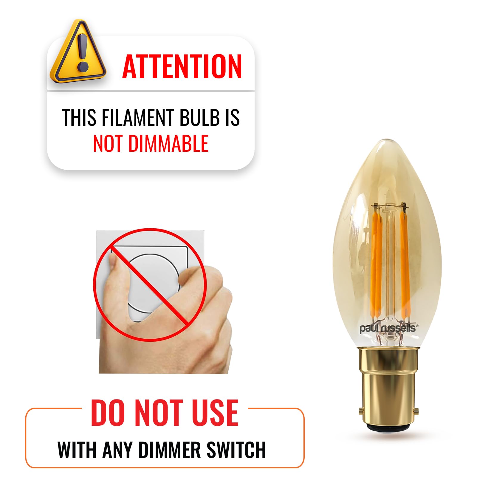 paul russells LED Candle Filament Light, 4.5W 35W Equivalent Replacement, 400LM Lumens, 2200K Extra Warm White - Image 4