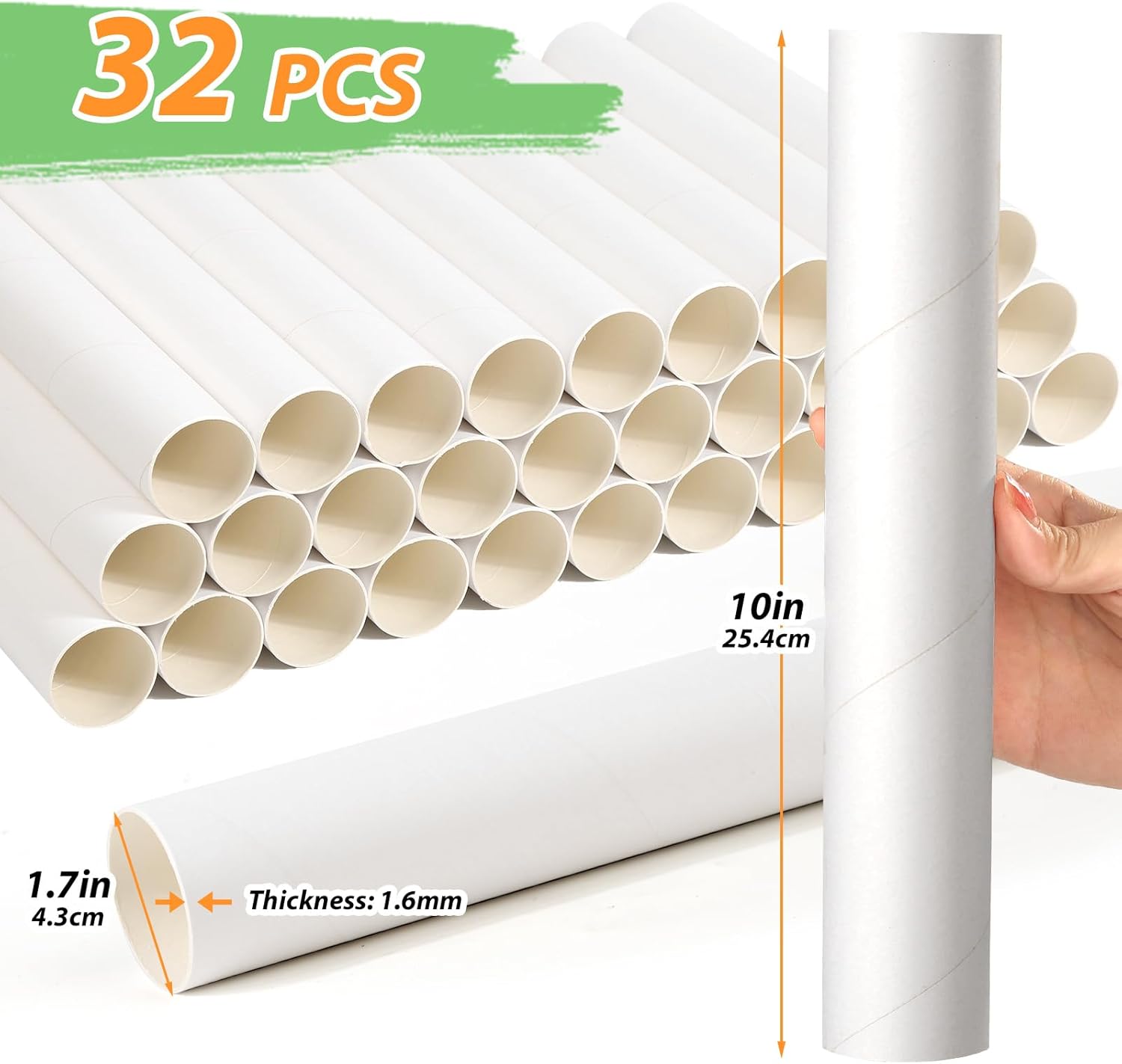 MAPVOLUT 32 Pack Cardboard Tubes for Craft - White Rolling Paper - 1.7 x 10 Inches, Empty Toilet Paper Rolls for Crafts Tubes Craft Supplies, Premium Kraft Paper Strong And Pressure-Resistant