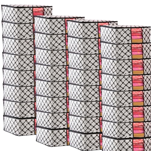 Image of Non-Woven Saree Covers with Zipper & Transparent Window | Clothes Storage Bags for Wardrobe Organization | White Dustproof Garment Storage box with Black Dot for Sarees and Clothes (Pack of 30)