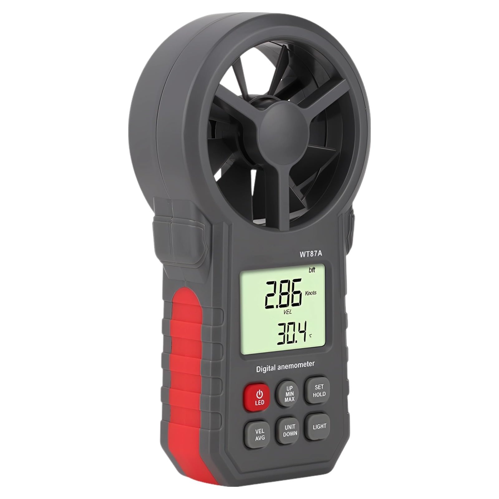 WT87A - Medidor digital de velocidad del viento, anemómetro de mano de alta precisión, lecturas máximas, mín./promedio, LCD retroiluminado, pantalla de temperatura del viento multiunidad, 7.1