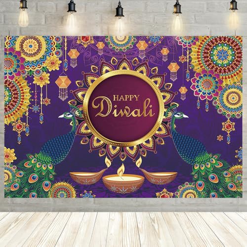 MEHOFOND 7x5ft Happy Diwali Backdrop Indian Lights Party Decorations Banner Purple Indian Peacock Diwali Party Background LED Light Backdrop Party Decor Photo Booth Props