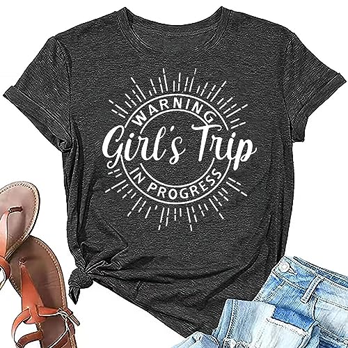 Image of Women's Casual Warning Girls Trip in Progress T-Shirt Casual Crewneck Short Sleeve Graphic Tee
