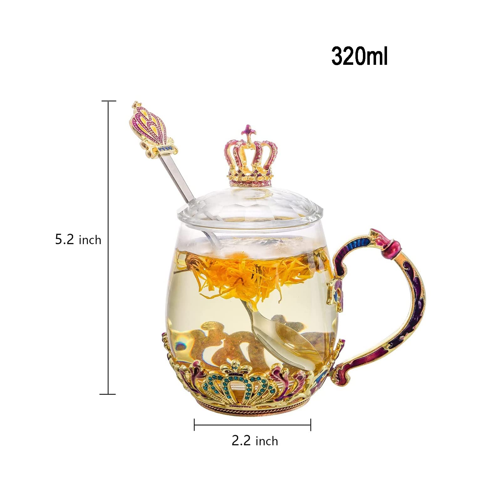 Handgefertigte Emaille-Kaffeebecher mit Deckel, Handarbeit Vintage Fancy Teetasse mit Krone kristallklar Kaffeebecher, für Geburtstag Valentinstag Weihnachten Emaille Glasbecher