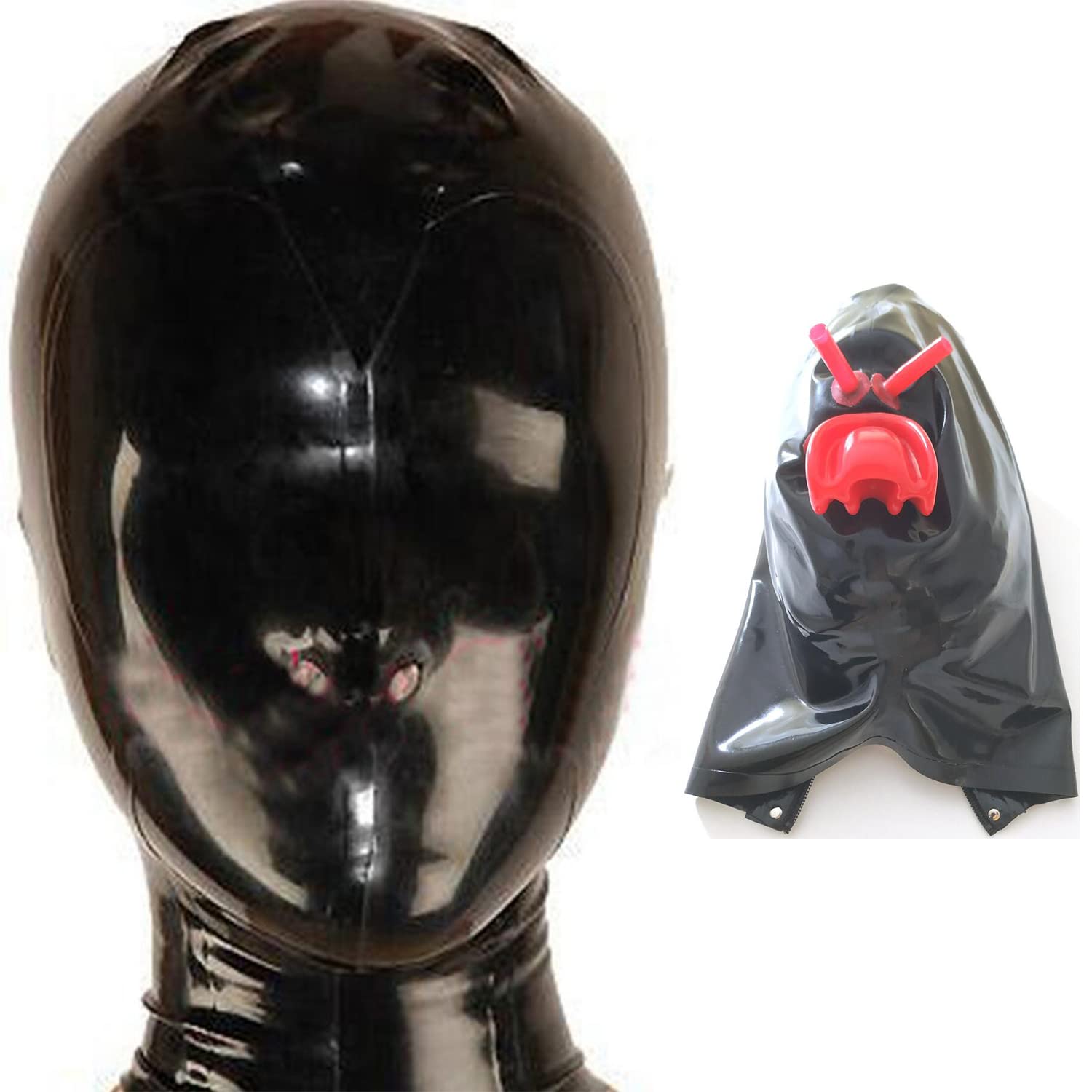 SecondSkin Black Latex Hood with Inner Red Mouth Teeth Gag and Nose Nasal Tubes Back Zipper Rubber Mask Club Wear 0.4-1.0mm Thick (Large, Black 0.6mm Thick)
