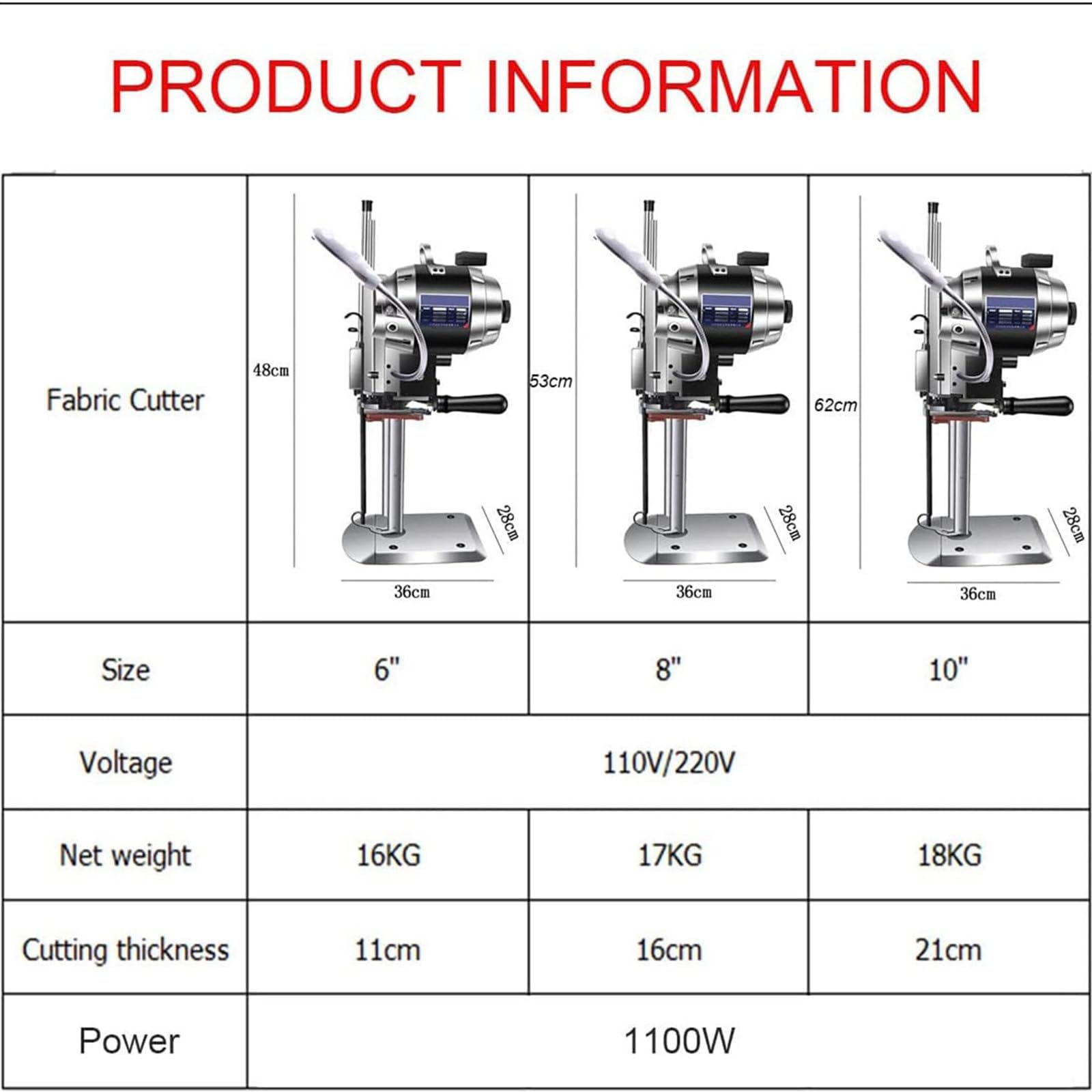Máquina Cortadora De Tela Electrica 1100w Cortador De Tela Eléctrico Cuchillo Recto Vertical Máquina De Corte Eléctrica para Textil Cuero Papel con Cuchilla Repuesto,12inch
