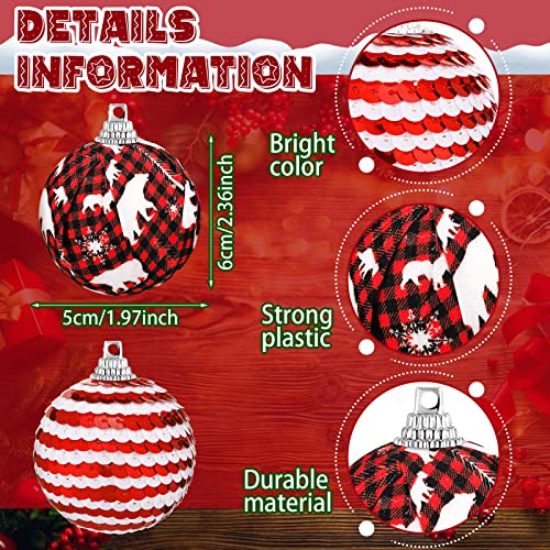 12 Pieces Christmas Ball Tree Ornament, Red White Buffalo Plaid Ball Ornament, Red And White Check Fabric Wrapped Ball, Red Sequin Ball For Christmas Party Hanging Decor (Novel Style, 12 Pieces) #TOP2