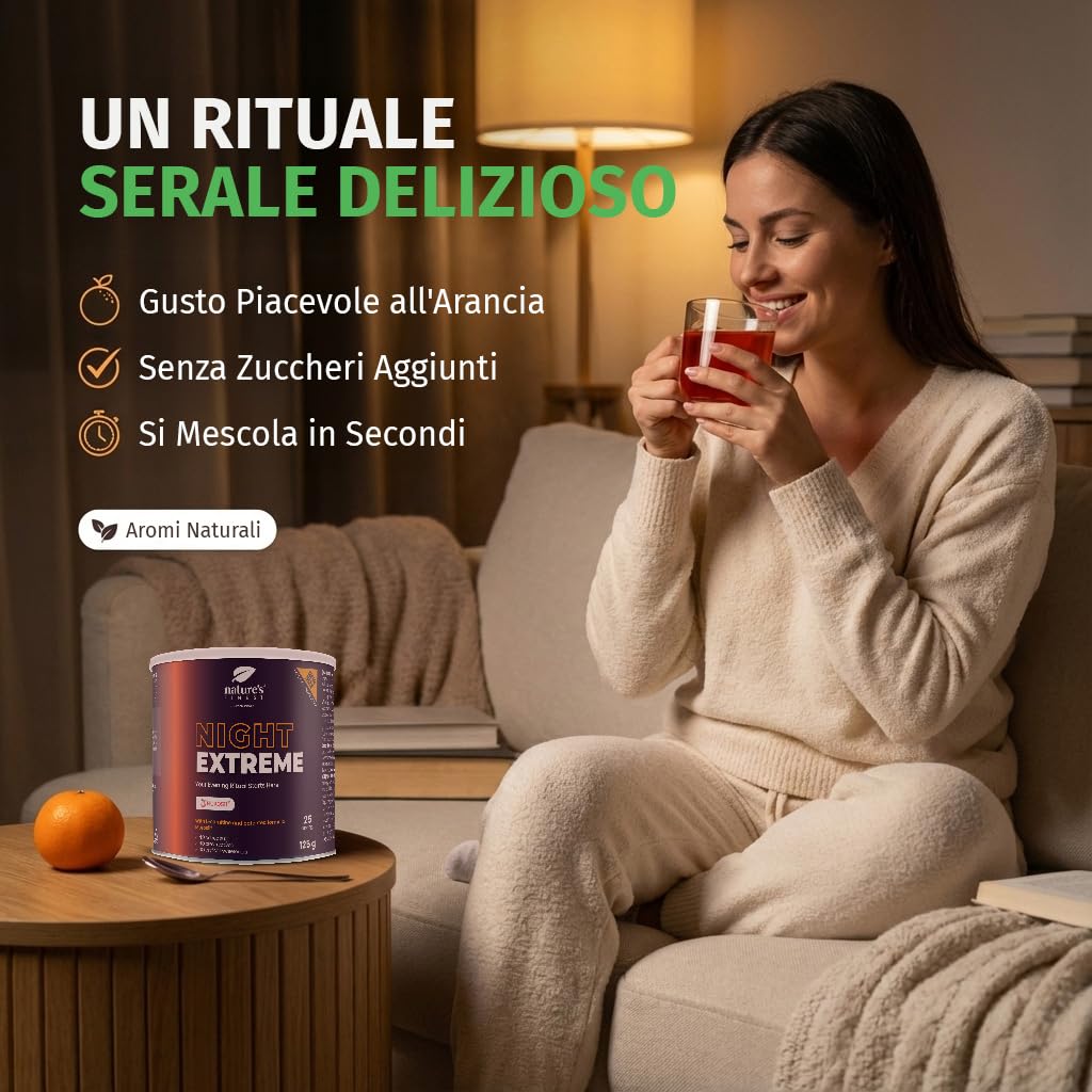Nature’s Finest Night Burn Extreme - Bevanda Serale in Polvere con Morosil Arancia Rossa, Valeriana ed Estratto di Vite Rosso - 125g, Formula Vegana Senza Glutine