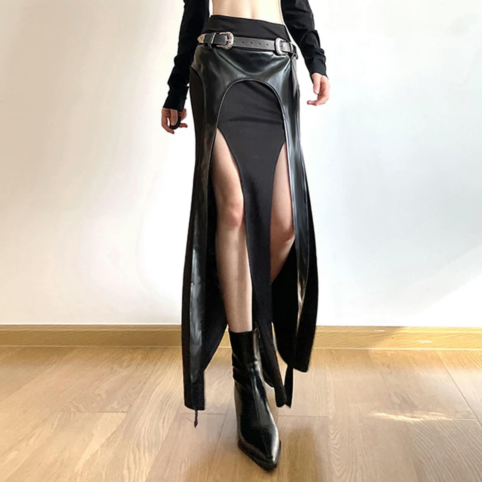 Gonna Lunga Donna Gonna Mini Midi Gotica in Poliestere di Cotone per Donne con Gonna Punk Pieghetta Pizzo Pizzo Diviso per-Nero-s