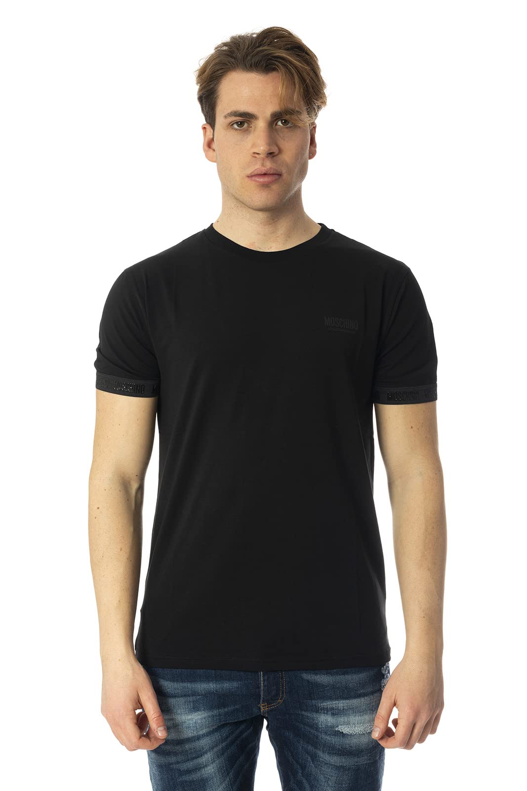 Moschino T-Shirt Mężczyźni Czarny T-Shirt Casual z logo z rękawem i klatki piersiowej