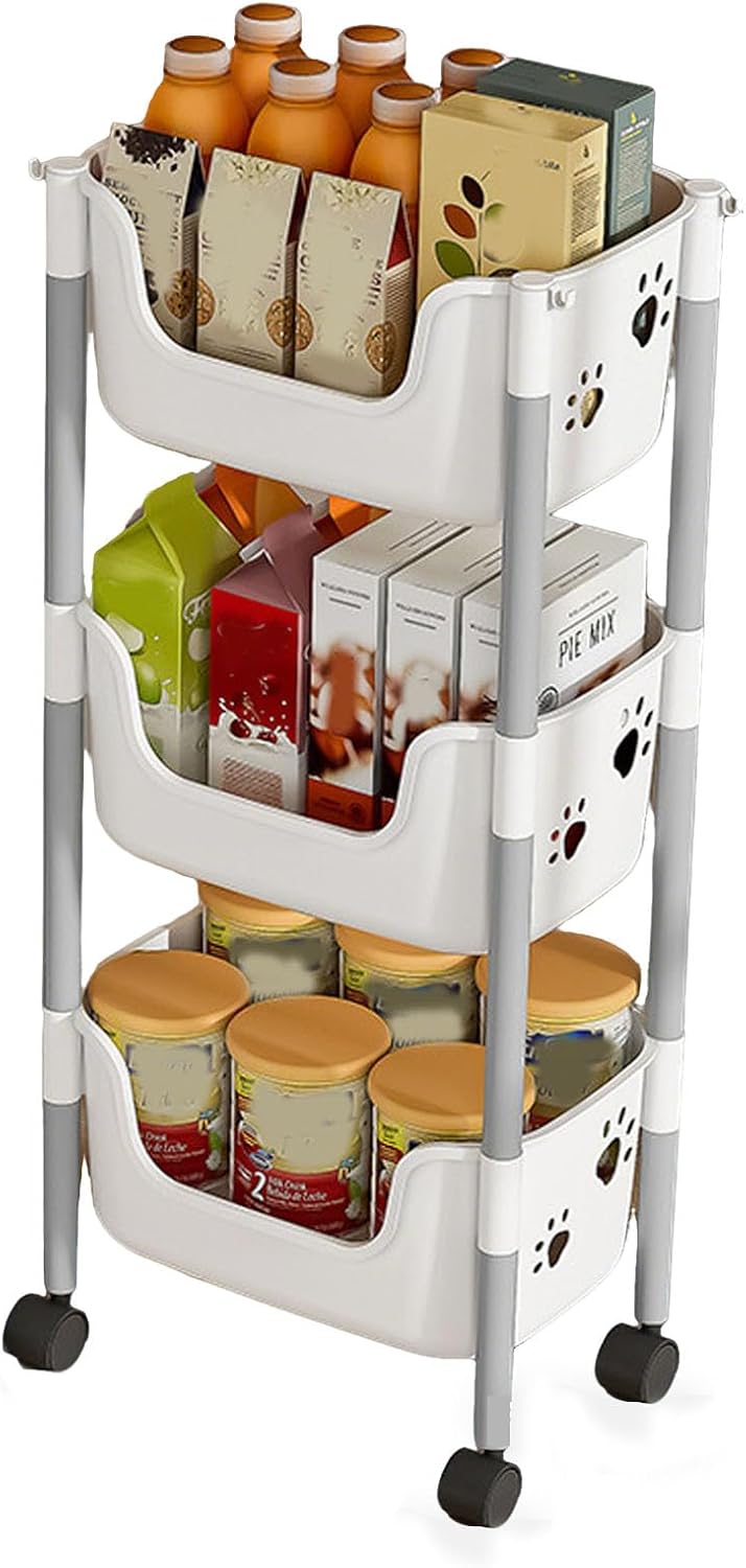 Three Tier Snack Rack with Wheels, Made of PP Material, Suitable for Storing Candy, Potato Chips, and Canned Foods in a Food Storage Room