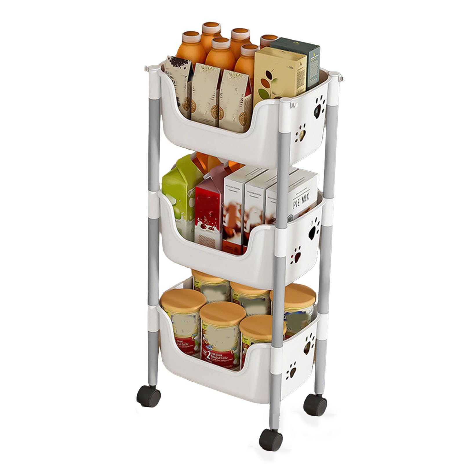 Carrello multiuso con ruote a 3 livelli, adorabile organizer in polipropilene a forma di orso, per cucina e camera da letto (3 strati, bianco e grigio)