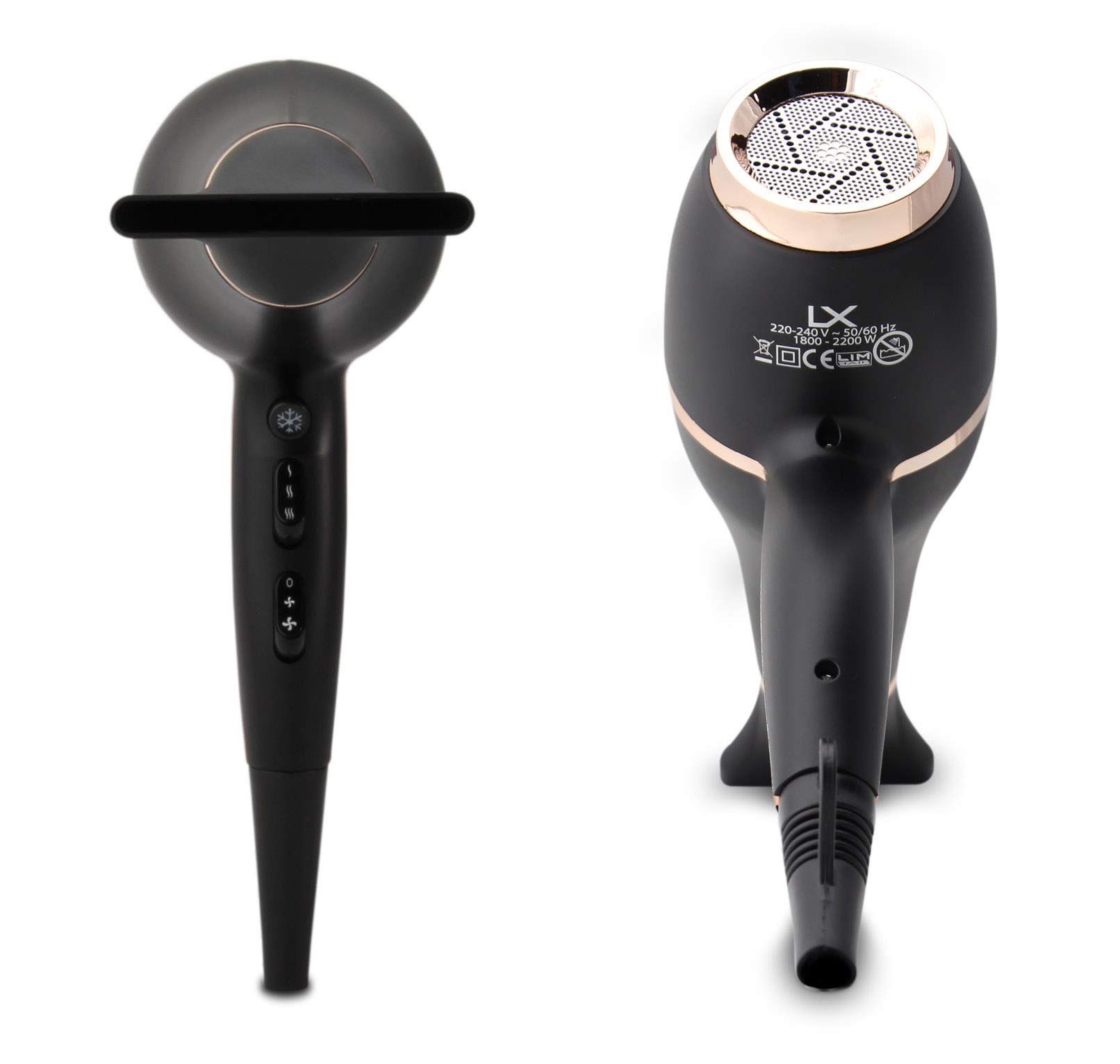 Secador de cabello LIM HAIR LX. LUXURY, NanoSILVER, 2200 W, PROFESIONAL, vida Extra larga,ligero. 2 boquillas y difusor (NEGRO)