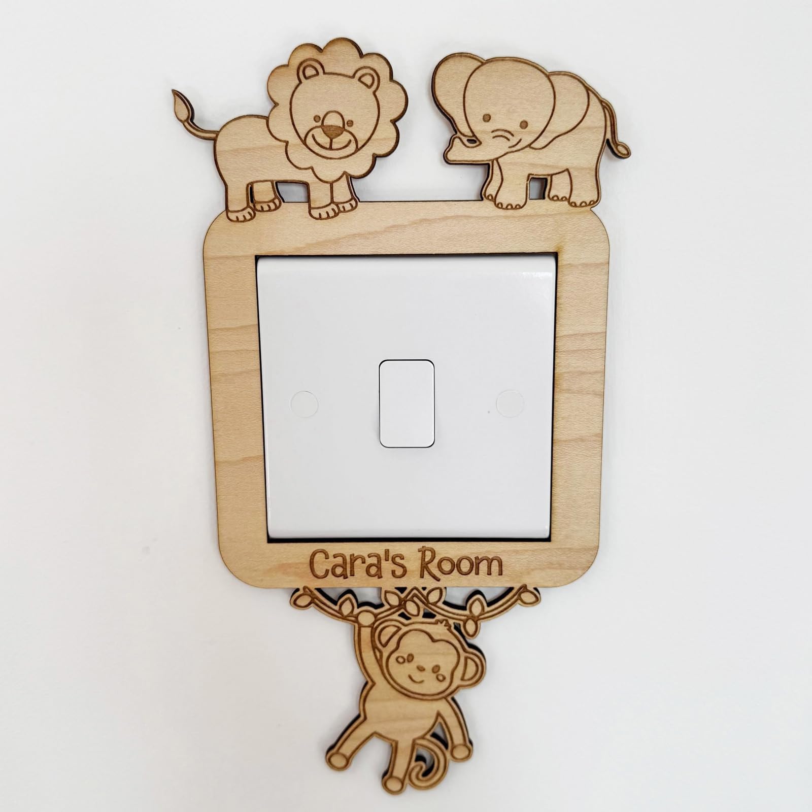 Luck and Luck Personalised Safari Animals Light Switch Surround – Wooden Nursery Light Cover – Jungle Theme Baby Room Décor – Children’s Bedroom Wall Plate – New Baby Gift