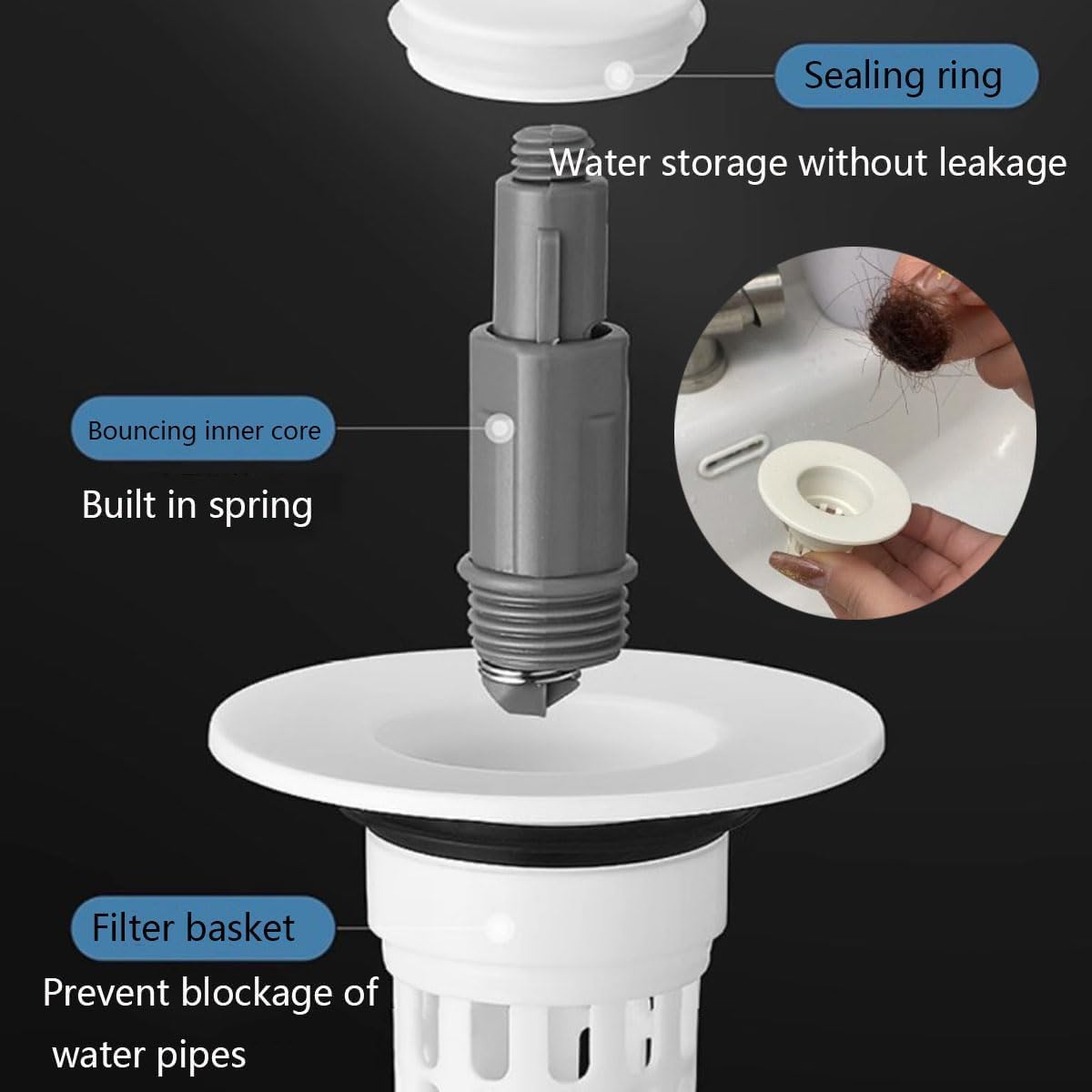Élément filtrant à Pression pour lavabo, Filtre à Pression rebondissante, Bouchon de vidange Universel pour lavabo de Salle de Bain, Bouchon de vidange Anti-Obstruction