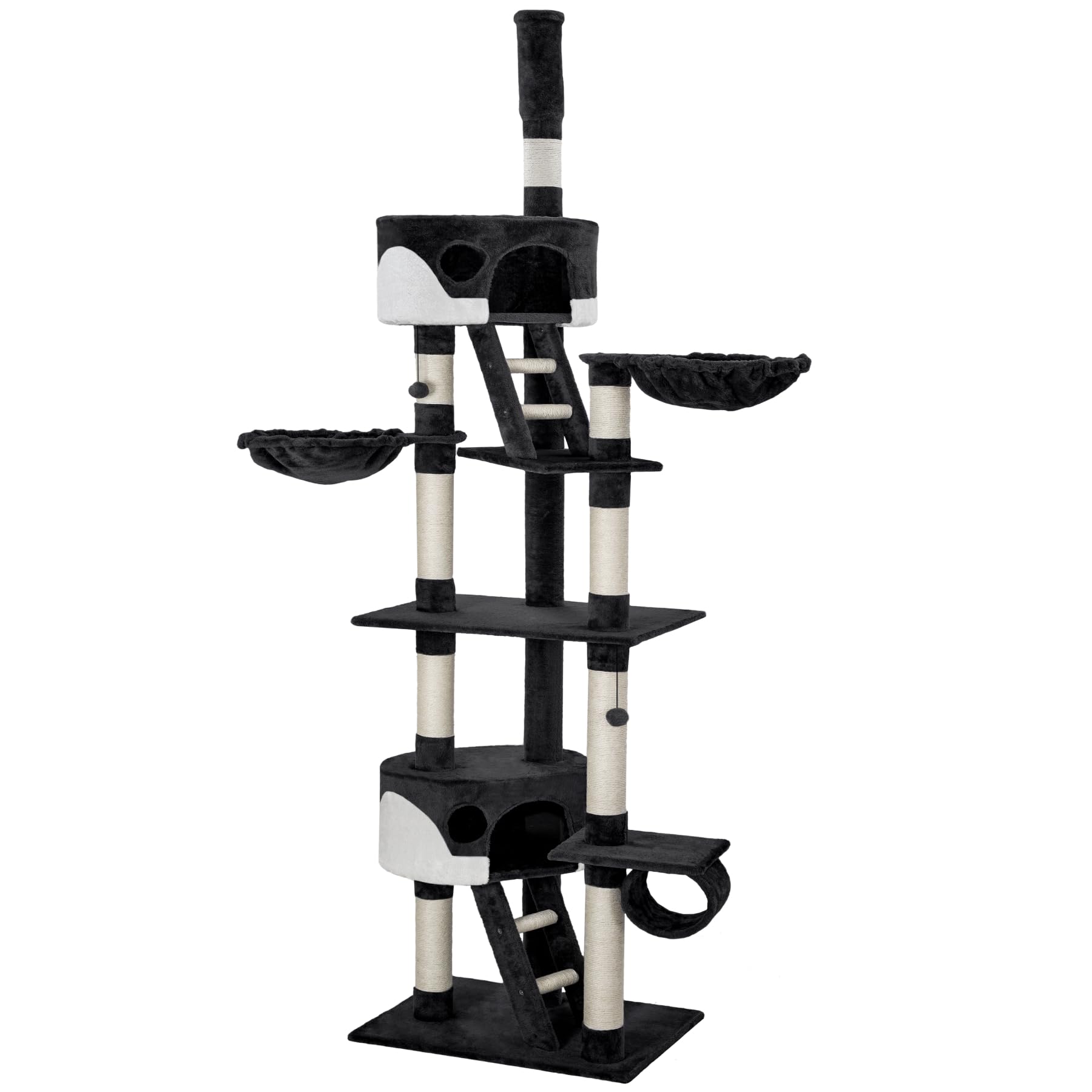 tectake® Albero Tiragraffi per Gatti, con 2 Casette, 3 Piattaforme, Altezza Regolabile 243-260 cm, Barre in Sisal 8 cm di Diametro, Ideale per Gioco e Riposo - Nero/Bianco