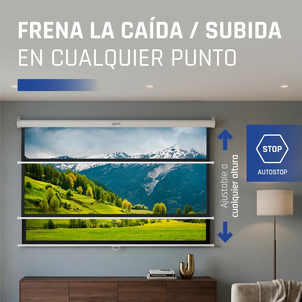iggual Pantalla Proyección 92" Pulgadas- Enrollable Manual Panorámico- Formato 16:9- Ángulo Visión 180º- Altura Ajustable- Apto Pared/Techo- Compatible 4K y Cualquier Proyector, (203x114 cm)