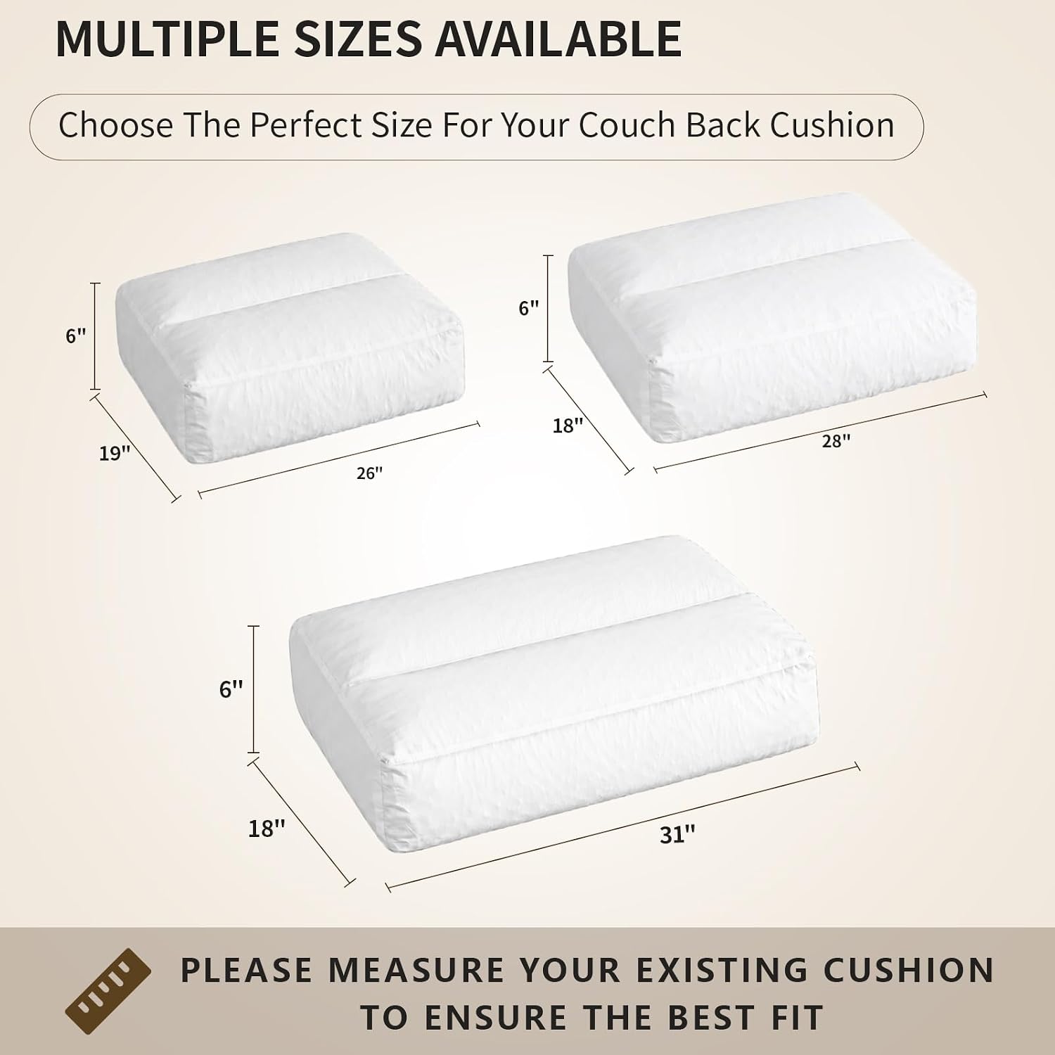 3 Pack Couch Back Cushion Replacement, 28 x 18 x 6 Inch | Odorless Resilient Foam Fill, Quick Rebound & Resists Clumping, Supportive Sofa Backrest Insert for Loveseats & Sectionals