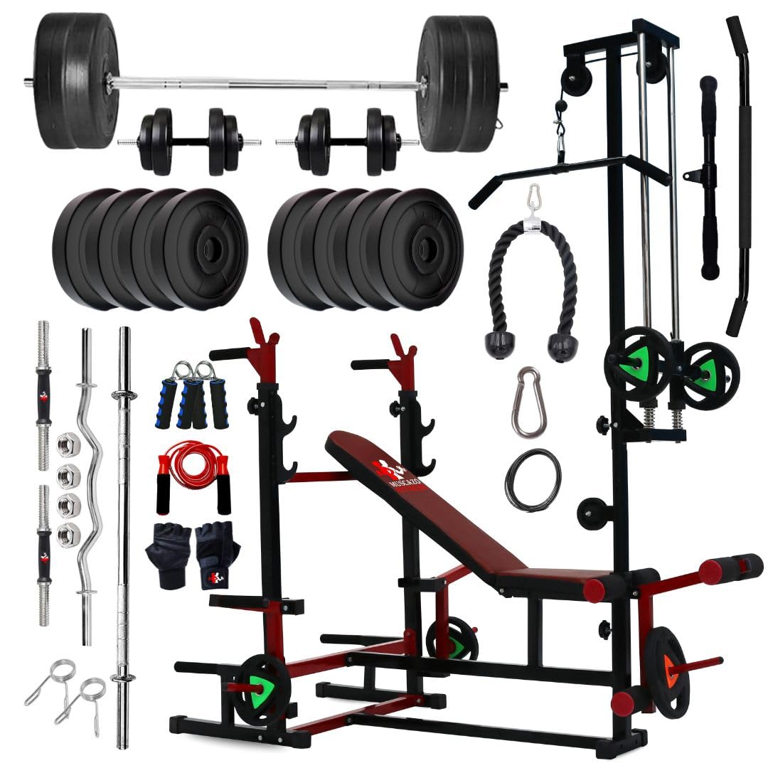 MUSCAZO FITNESS: 20 in 1 Home Gym Bench Pro with 60KG PVC Coated Plates Combo Kit, Curl Rod, Straight Bar, Dumbbells, Plates, Skipping Rope, Gripper & Gloves, Full Body Workout Set-picture-23