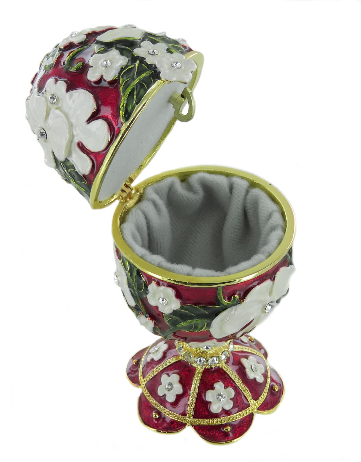 Muzyczne jajko na Wielkanoc / jajko z pozytywką w stylu Faberge z emaliowanego metalu ze strasem, złoceniami, małymi białymi kwiatami i dziełem muzycznym z 18 nutami - Wiosna (Antonio Vivaldi)