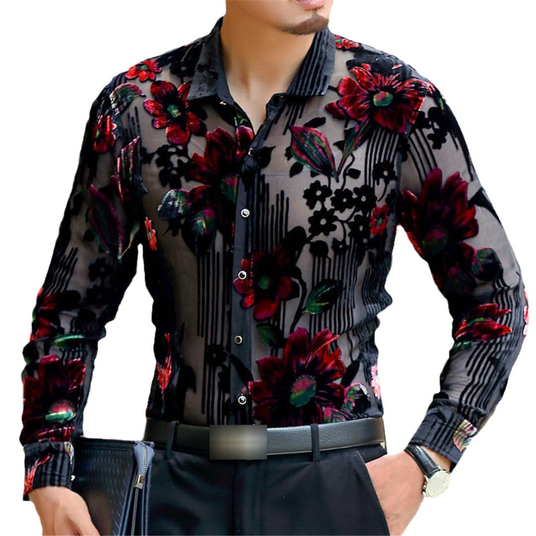 Yeuyyben Men's Long Club Party Prom Shirt Short Sleeve Transparent Flower Fleece Shirt See Through Lace Shirt