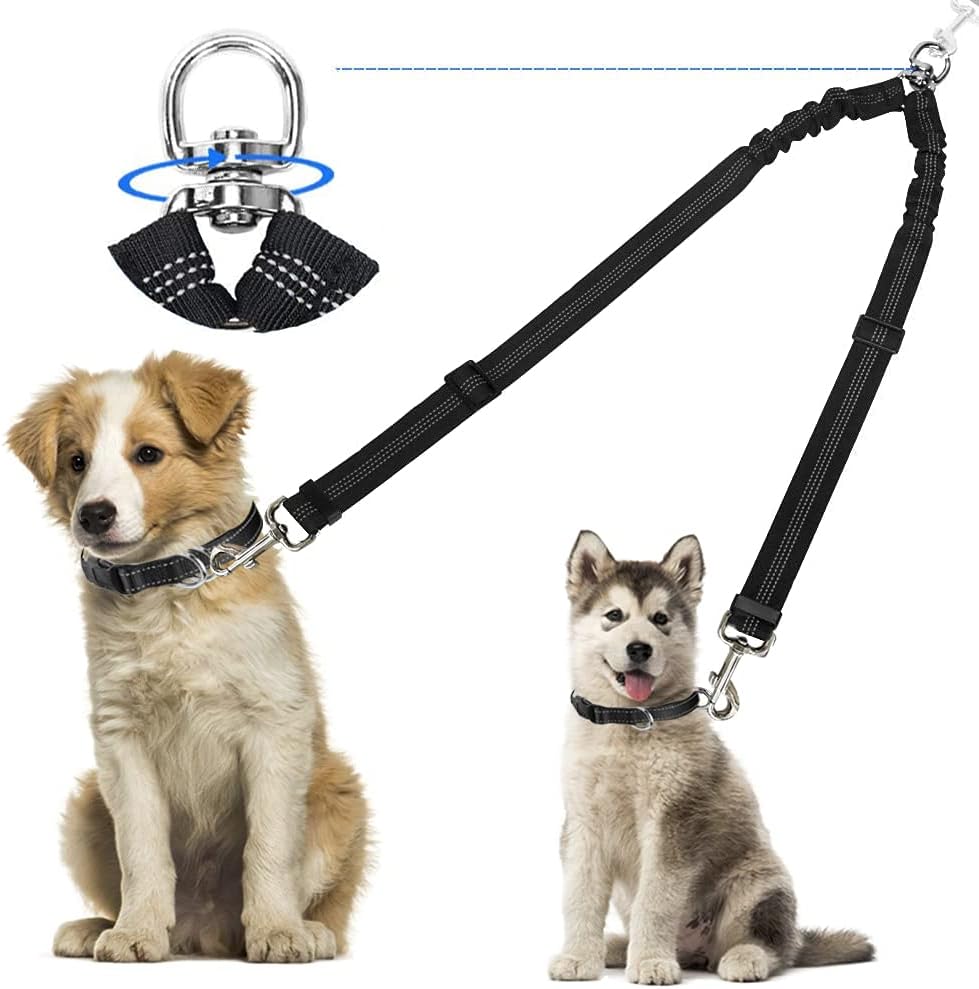 Double Dog Lead Coupler, No Tangle 360°Swivel Rotation Two 2 Splitter, Heavy Duty Adjustable Bungee Reflective Dual Leash for Walking Medium Large (Black)