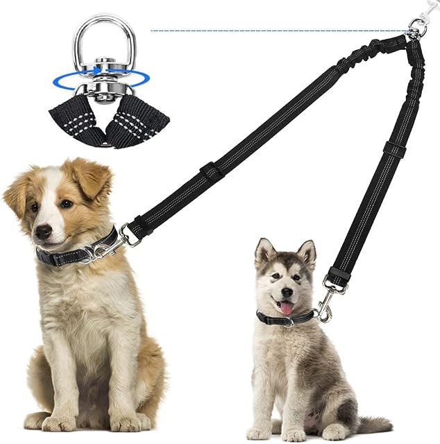 Kelivi Double Dog Lead Coupler, No Tangle 360°Swivel Rotation Two 2 Dog Lead Splitter, Heavy Duty Adjustable Bungee Reflective Dual Dog Leash for Walking Medium Large Dog (Black)