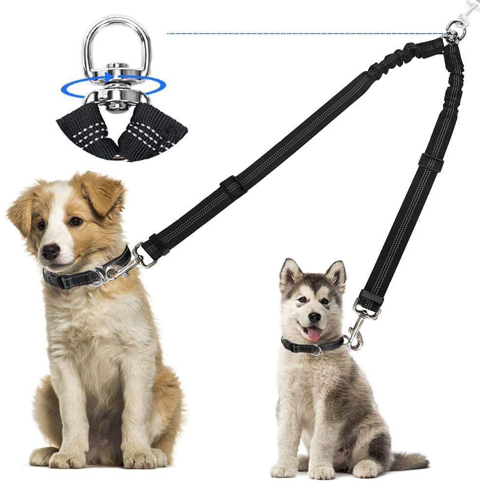 Double Dog Lead Coupler, No Tangle 360°Swivel Rotation Two 2 Splitter, Heavy Duty Adjustable Bungee Reflective Dual Leash for Walking Medium Large (Black)