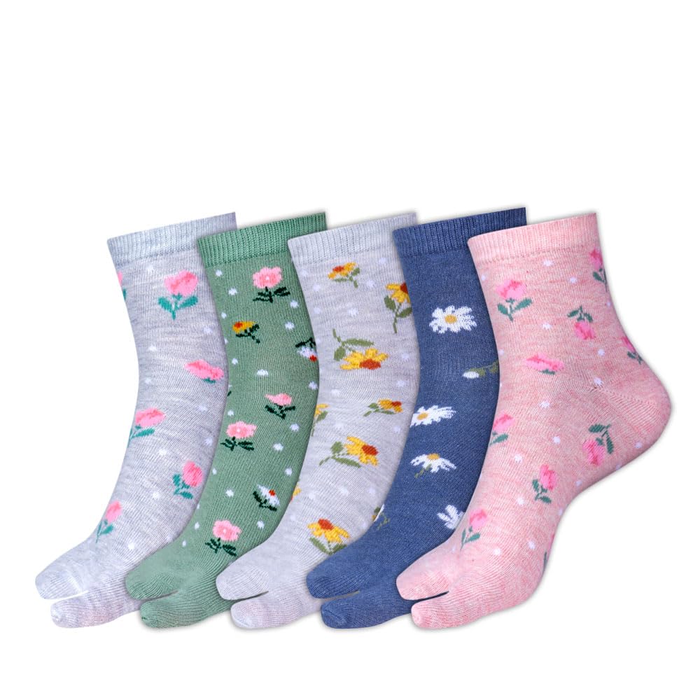 mustang Women’s Cotton Floral and DOT Thumb (Angutha) Socks – Pack of 5 | Soft Breathable Split-Toe Socks | Cute Floral Print Ankle Socks-picture-27