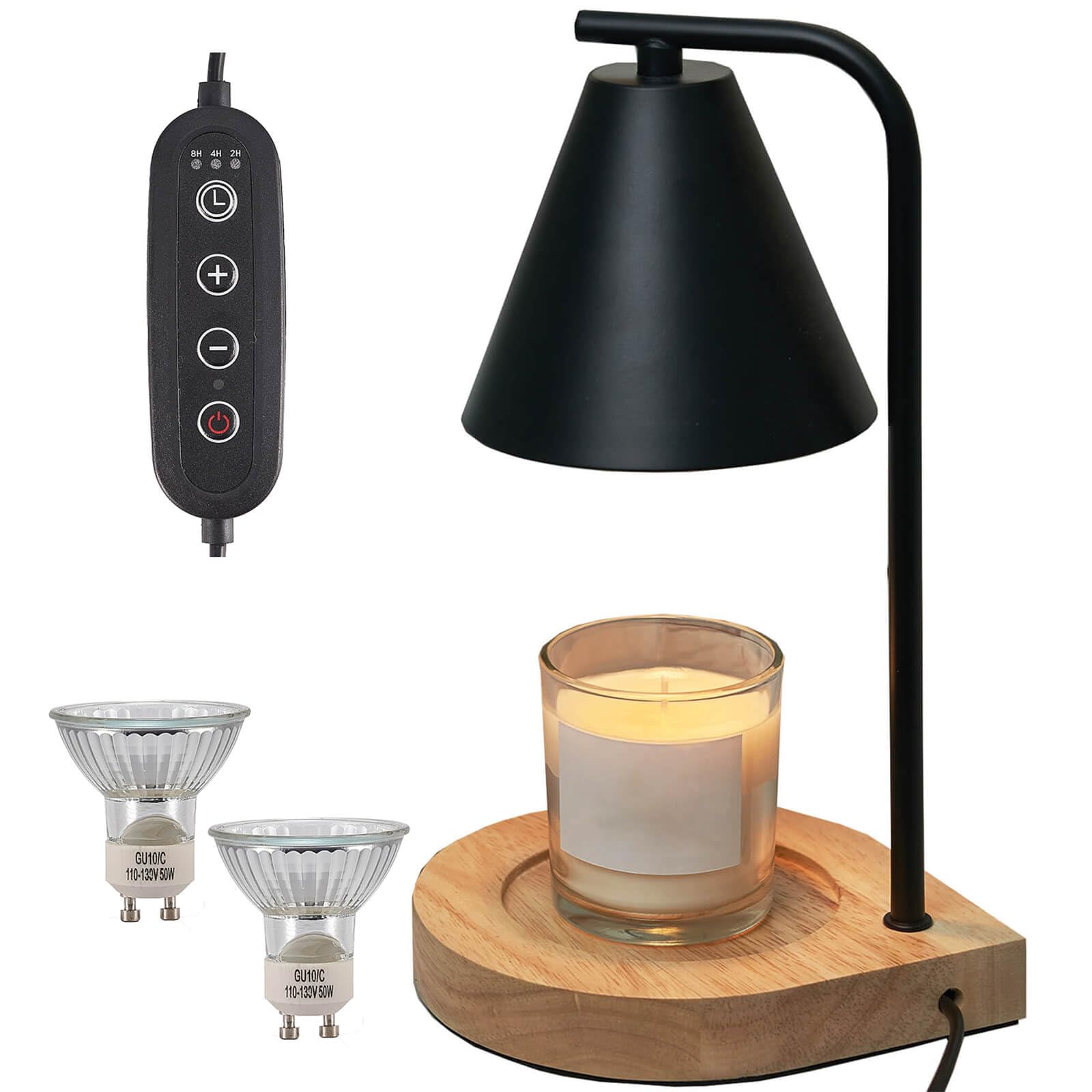 YODEWA Candle Warmer Lamp for Jar Candles with 2h/4h/8h Timer and Dimmer, Wooden Base 50 Watt 2 Bulbs Electric Plug in Candle Wax Warmer Light/Vintage Black Metal Lamp for 3 Wick Candles -Black