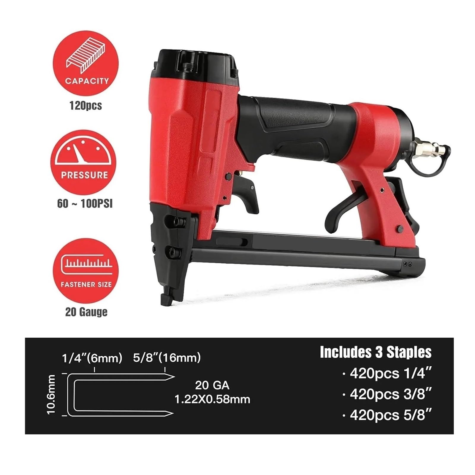 Pinzatrice pneumatica per pistola a punto da 20 calibro professionale con 1260 punti metallici da 1/4" a 5/8" per carpenteria