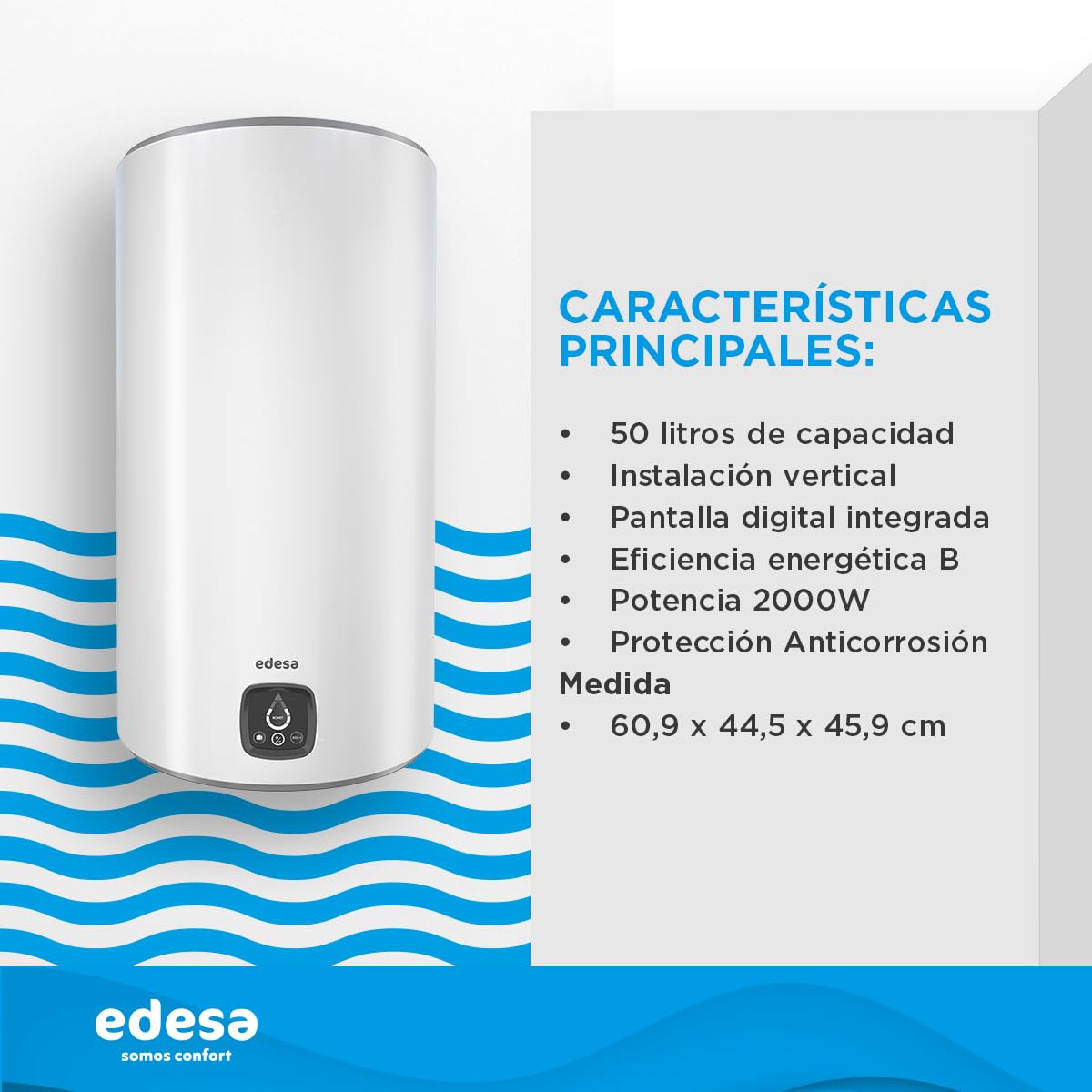 Edesa Digital 50L - Termo Eléctrico 50 Litros Vertical, Calentador de Agua con Pantalla Digital, Función Smart, 61,3 x 43,3 x 45,1 cm, Color Blanco, Eficiencia Energética B [Rango (A+/F)]