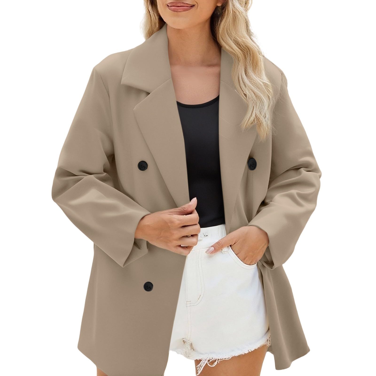 Blazer élégant pour femme - Longue veste blazer ouverte sur le devant - Col revers - Blazer long - Pour le travail, le bureau - Veste de transition - Tenue d'affaires - Veste de loisirs