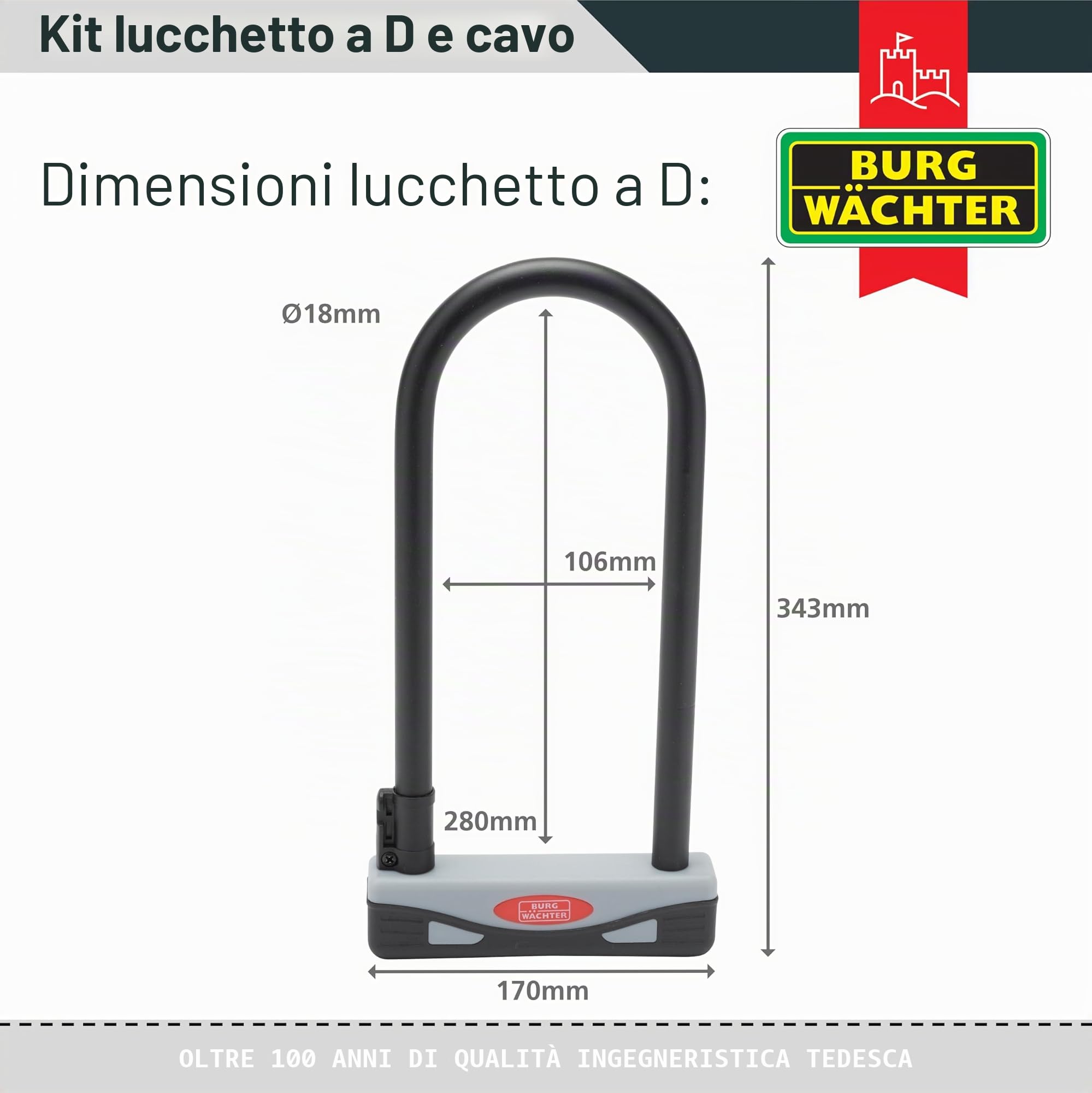 Burg Wächter 1600HB 1600 HB KIT Gold Sold Secure, lucchetto a D per bicicletta, nero, cavo largo 2,1 m