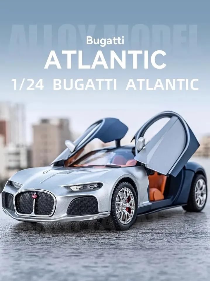 Image of Bugatti Atlantic 1:24 Diecast Scale Model Metal Pull Back Toy car for Kids with Openable Doors & Light, Music Toy Vehicle for Kids (Silver+Blue)