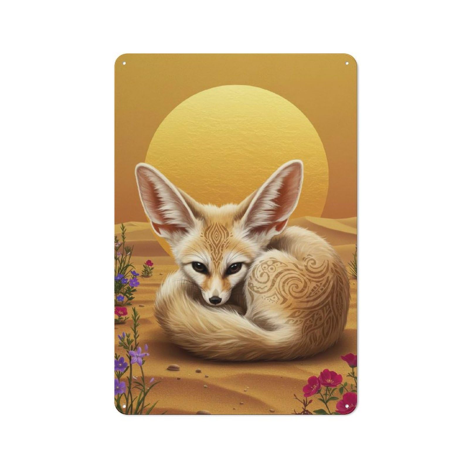 Junmoney Fennec Fox In Desert Landscape Tin Sign 30X20cm With For Workshop Wall, Rustic Decor, Autumn Room Decor For Fans Of Metal Wall Signs
