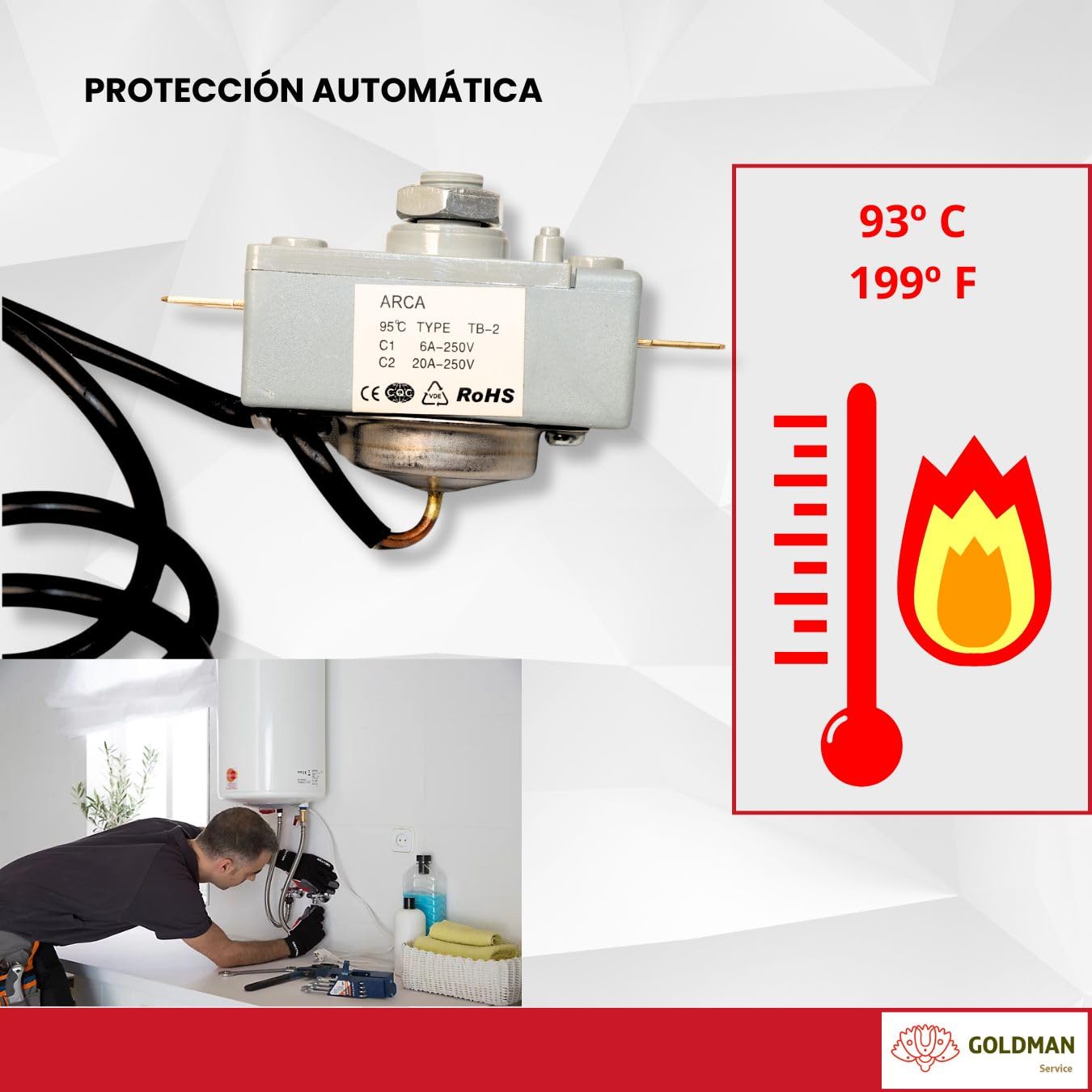 GOLDMAN SERVICE | Termostato de Seguridad para Termo Calentador de Agua Eléctrico Activación Automática a 93ºC | Bulbo Sonda 500mm | Fácil Rearme Manual