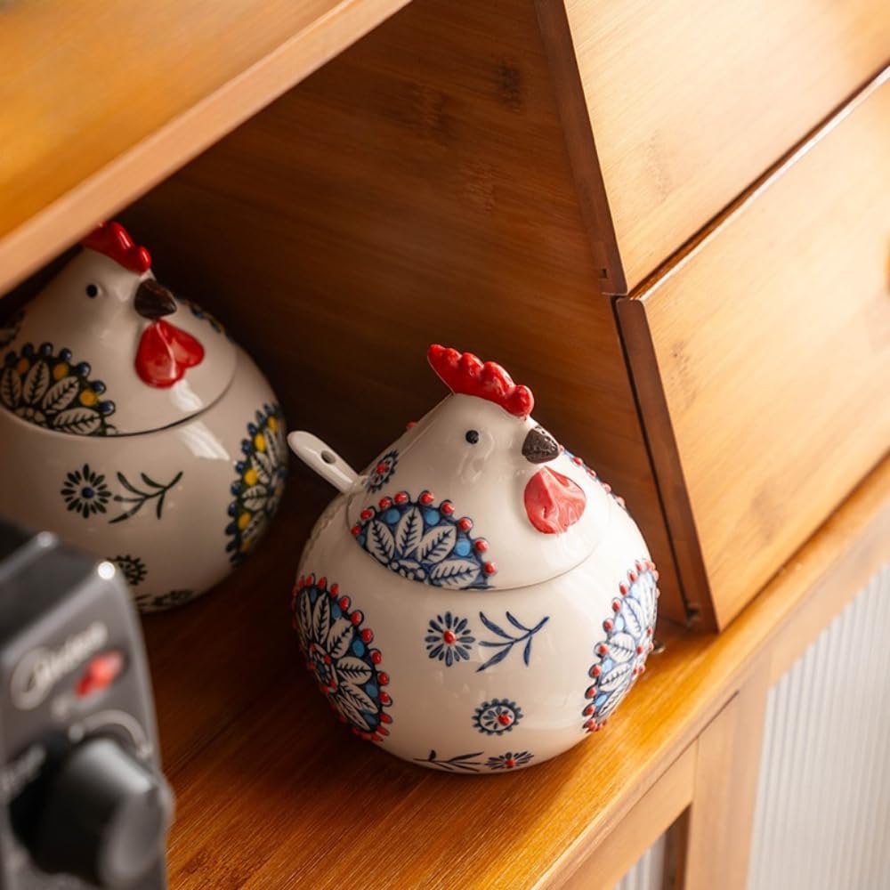 Récipient à épices en céramique avec couvercle et cuillère, pot d'assaisonnement peint à la main pour le sel, le poivre, le sucre et le rangement de la cuisine, design mignon et simple poussin