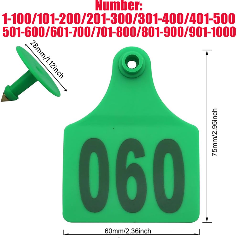 Marchi auricolari per bovini 001-1000 Il marchio auricolare numerico è perfetto per animali da allevamento di piccole e medie dimensioni come mucche, giovenche, vitelli (100 confezioni) 601-700 verde