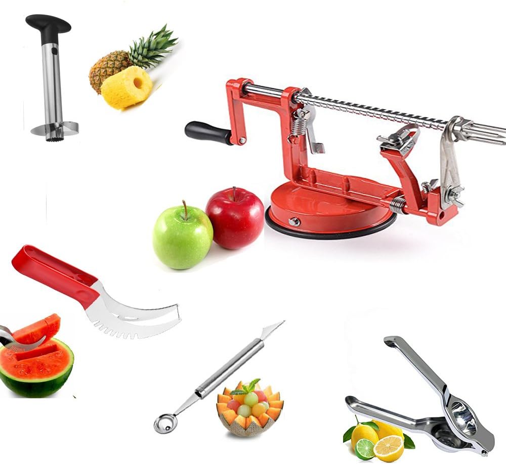 Fruit Peelers & Vegetable Cutters Set Of 5: Watermelon Slicer,Pineapple Corer,Melon Baller/Scoop,Apple Peeler and Lemon Squeezer.Fruit Slicer Kit,Fruit Cutter Slicers Tools Set Fruit Salad Corer.