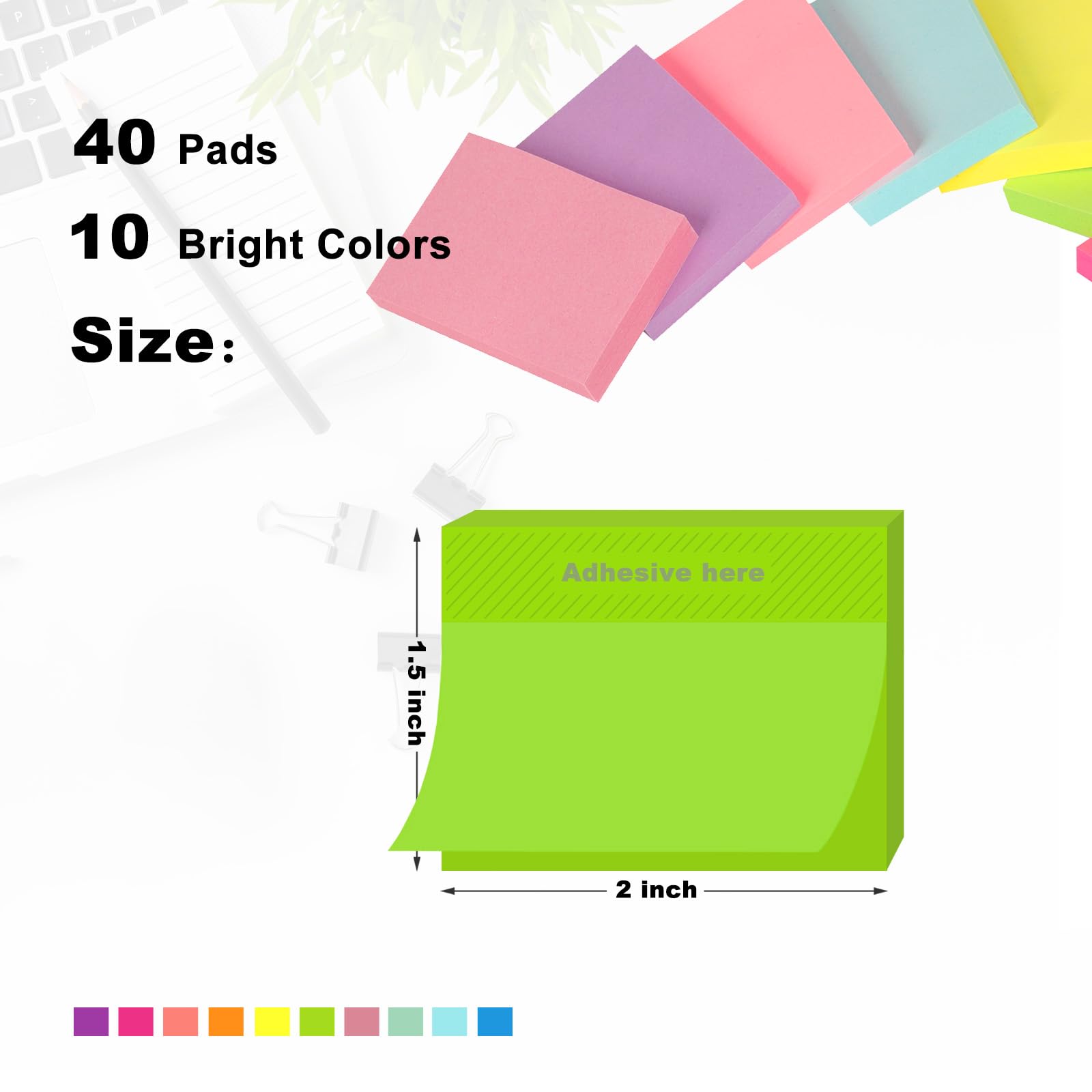 40 blocs de notas adhesivas de 1.5 x 2 pulgadas, 10 colores brillantes, almohadillas autoadhesivas pequeñas, coloridas mini notas adhesivas a granel para oficina, hogar, 50 hojas/bloc