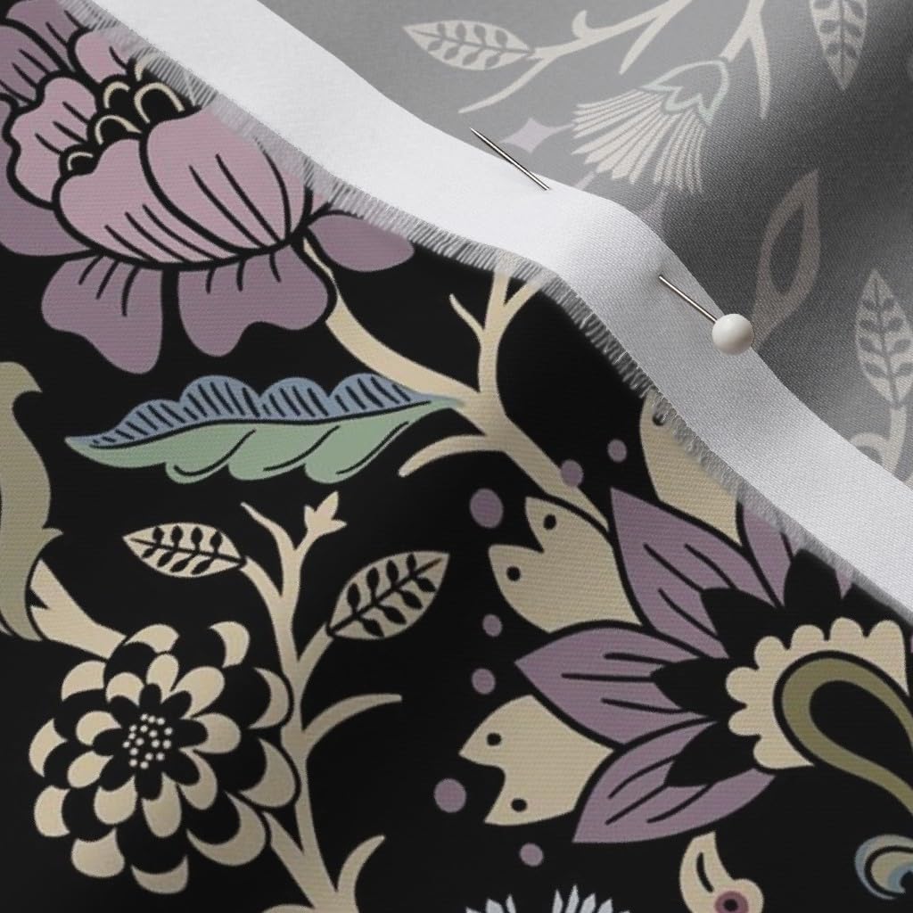 Spoonflower Fabric - Fantasy Floral Fairy Tale Gothic Black Purple Traditional Floral Printed on Organic Cotton Sateen Fabric by the Yard - Sewing Quilting Apparel Home Decor
