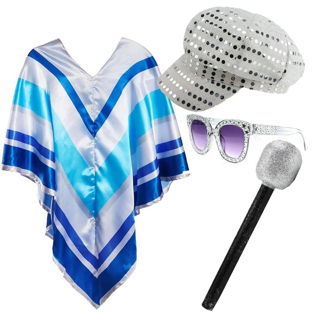 Adults 70s Pop Queen Costume – Blue & Silver Striped Poncho, Diamond Look Glasses, Silver Microphone Prop & Silver Disco Hat – Ladies Womens 1970s Dancing Music Icon Fancy Dress Outfit