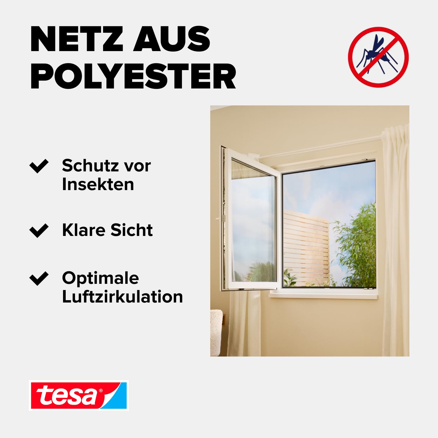 tesa Insect Stop Klett Fliegengitter Premium für Fenster, Insektenschutz mit starkem Klettband, rückstandsfrei entfernbar, zuschneidbar, ohne Bohren - 3X 125 cm x 245 cm - Anthrazit (Durchsichtig)