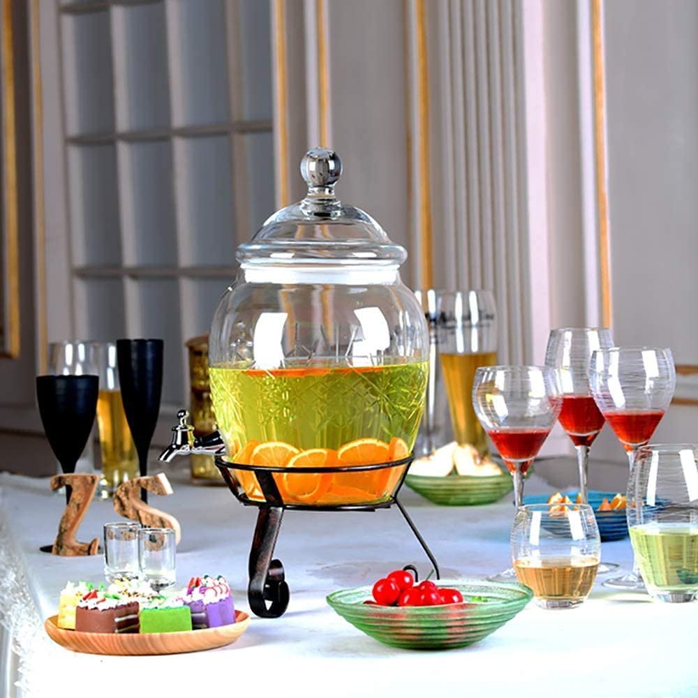 Bierspender, Bierfass 6L/10L Getränkespender|mit Easy-Flow-Zapfen|Metallständer| Glasdeckel | für Eiskaffee, Tee, Limonade, Wasser | Klarglas, Weinschränke